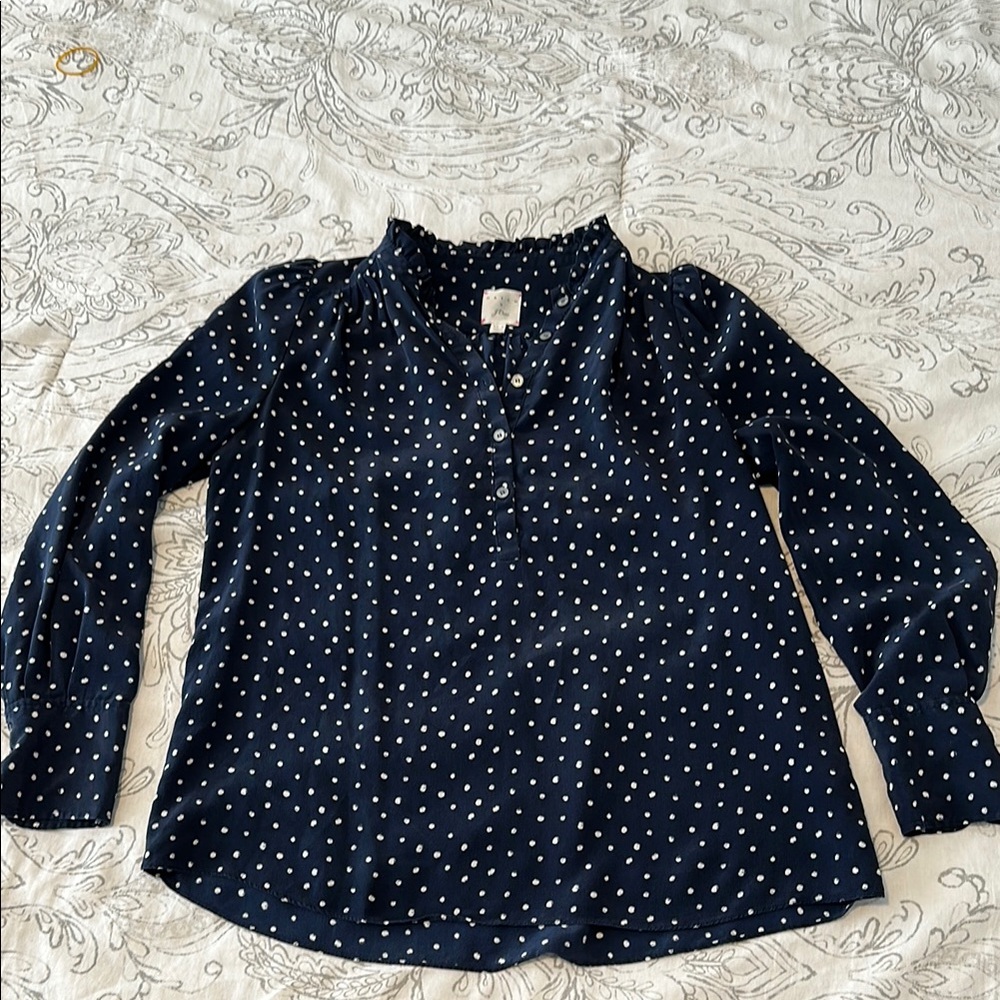 Hatch x J Crew Blue and White Polka Dot Blouse 100% Silk